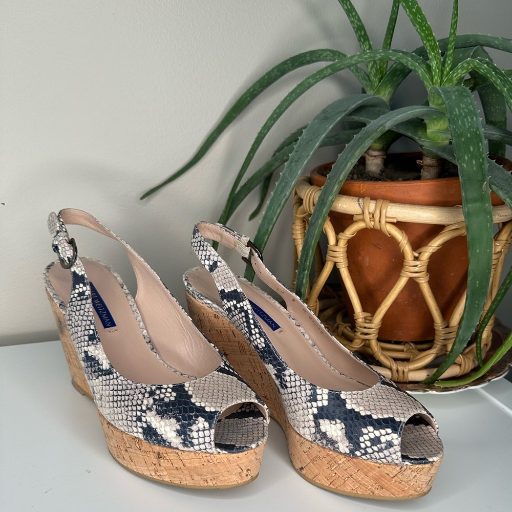 Stuart Weitzman Snakeskin Leather Cork Wedge Heels 8 | Peep Toe Slingback - Picture 2 of 13
